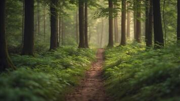 a serene and lush green forest with vibrant foliage inviting a peaceful walk in the beauty of nature. photo