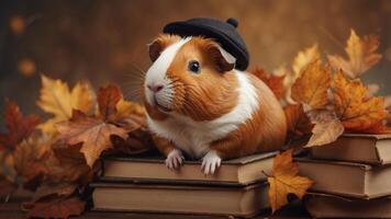A guinea pig wearing a hat sits on a pile of books surrounded by autumn leaves. photo