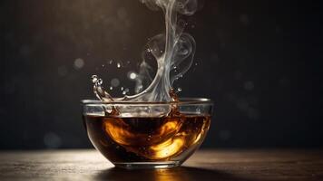 Dramatic splash of liquid in glass bowl with smoke effect. photo