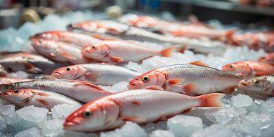 Fish in a pile of ice at supermarket, Raw fresh fish pile on fish market stall. photo