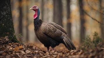 A close-up of a wild turkey in the woods. photo