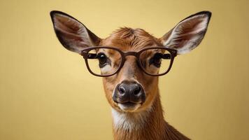 A Fawn With Glasses on a Yellow Background. photo