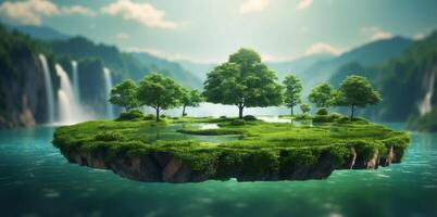 Flying green forest land with lake and waterfalls Floating island. photo