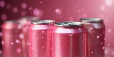 Close-up of pink beverage cans with condensation. photo