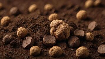 soil background top view with truffle on the right side. photo