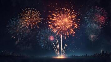 Fireworks in the night sky Happy new Year background. photo