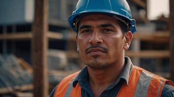Latin bricklayer at construction site, professions. photo