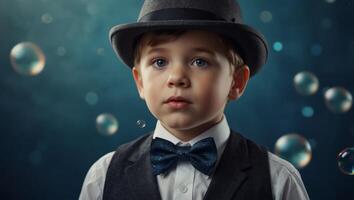 Little boy in hat and bow tie with soap bubbles on blue background. photo