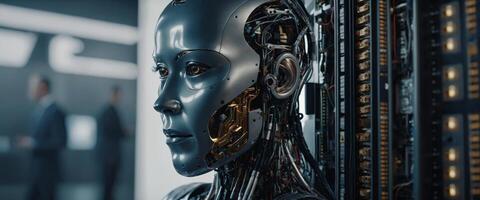 A conceptual illustration of artificial intelligence and robotic quantum computing processors, emphasizing their role in business technology, engineering, and innovation. photo