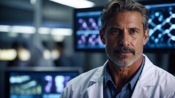 Medical dna research lab scientist with advanced technology for health analysis and gene study. photo