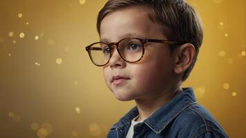 little boy wearing hisn't new glasses on yellow studio background using copyspace. photo
