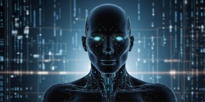 A futuristic depiction of a digital human silhouette filled with circuitry and data points illustrating the concept of the human body as a complex system. photo