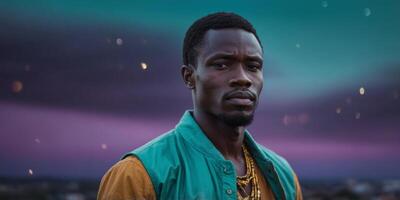 African man in purple with a turquoise sky in the background. photo