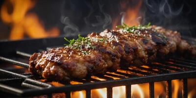 A mouthwatering view of a perfectly browned and crispy kebab smothered in a savory sauce and grilling on an electric grill. photo