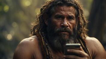 Primitive man embracing technology caveman with smartphone, symbolizing development and innovation. photo