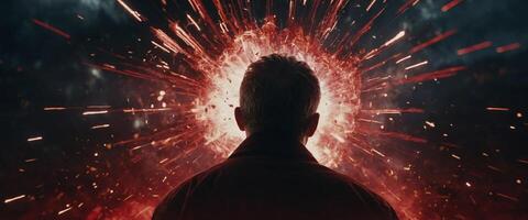 A depiction of a man's head exploding, featuring a central area filled with red hues and surrounded by white on the periphery. photo