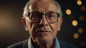 No more glasses Happy elderly man take off eyewear enjoy good sight after laser eye correction. photo