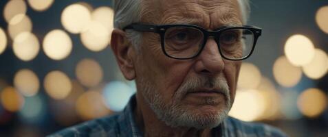 old age, problem and people concept - close up of senior man in glasses thinking. photo