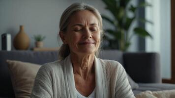Positive serene beautiful mature lady enjoying calmness, relaxation, tranquility at home, posing with closed eyes and toothy smile, meditating, practicing stress relief, mindfulness techniques. photo