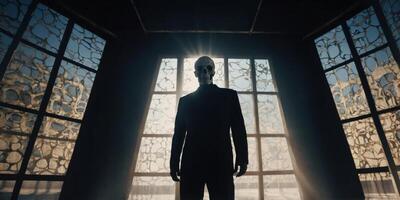 Human silhouette with a skeleton superimposed, creating a captivating interplay of light and shadow, perfect for themes of identity, anatomy, and art. photo
