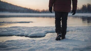A person standing in a snowcovered field taking a deep breath as they brace themselves to step into a freezing cold lake. photo