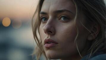 Mesmerizing Portrayal of a Contemplative and Emotive Young Woman's Expressive Face and Tousled. photo