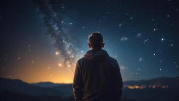 Man standing and looking at the stars in the sky. photo