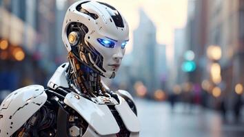 Humanoid futuristic robot using computer technology on a city background. photo