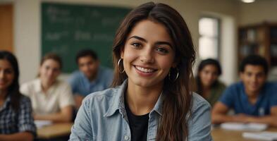 Pretty middle eastern college student smiling to the camera Beautiful female middle eastern college student learning in the classroom, with copy space. photo