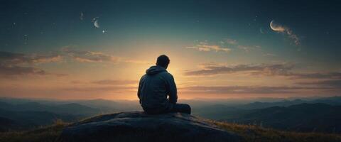 A dreamlike 2D illustration portraying a person lost in thought, symbolizing imagination, ideas, and knowledge. photo