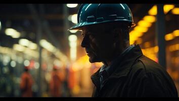 Industrial Manager Intensely Reviewing Safety Protocols A Vivid Double Exposure Silhouette. photo