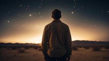 Man standing in the middle of the desert and looking at the Heavens in the sky Bright light in dark sky. photo