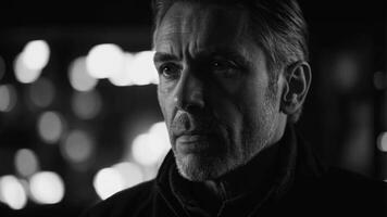 Man in black and white, with a thoughtful expression under dramatic lighting. photo
