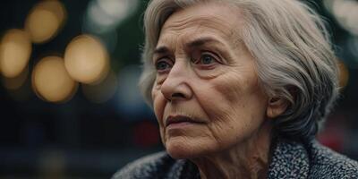older woman with a contemplative expression, her wise eyes gazing into the distance as she reflects on a lifetime of memories. photo