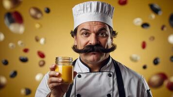 Professional chef with funny artificial moustache holding shakers on yellow background. photo