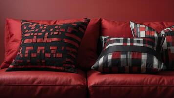 An array of red and black pillows arranged in a contrasting and striped design on a solid red background, providing a bold and modern decorative element. photo