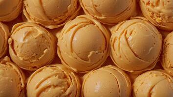 Overhead background texture of colorful orange tropical mango sorbet ice cream in a full frame wide angle view. photo