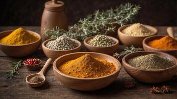 Assorted dried herbs and spices in wooden bowls on a rustic table. photo