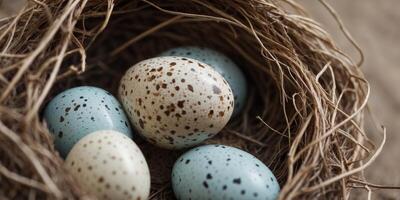 Close-up of speckled bird eggs in a nest. photo