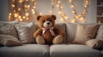 Beautiful festive background with toy Teddy bear sitting with cushions and a garland on the couch. photo