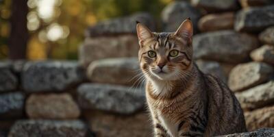 A Tabby Cat Posing in Front of a Stone Wall. photo