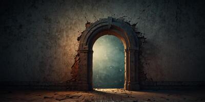 A cracked wall with an archway leading to a mysterious space. photo