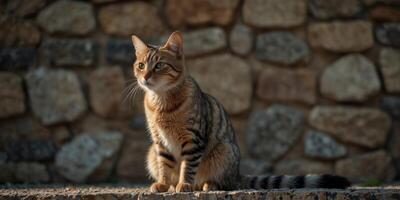 A Tabby Cat Posing in Front of a Stone Wall. photo