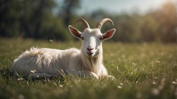 A Relaxed White Goat Resting in a Lush Meadow. photo