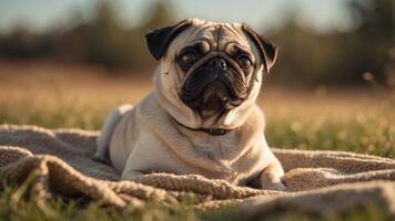 A small pug rests atop a blanket in a sunlit grassy field. photo