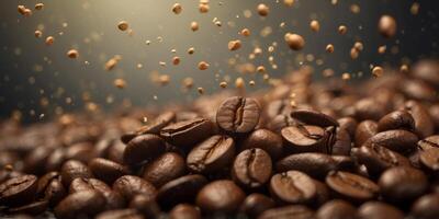 Close-up of coffee beans floating with burst of particles. photo