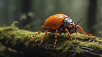 A robotic beetle with a shiny orange exoskeleton is perched on a mossy log in the forest. photo