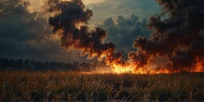 A field engulfed in flames with smoke billowing into the sky. photo