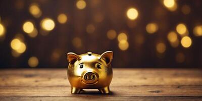 A golden piggy bank on a wooden table symbolizing. photo