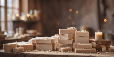 Artisanal soap crafting in a rustic workshop. photo